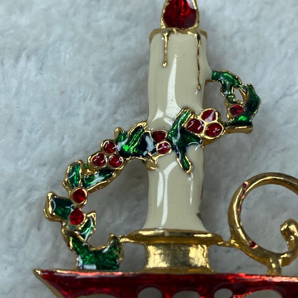 Candle Holder Holly Garland Christmas Pin Brooch Holiday Wear - Picture 4 of 10